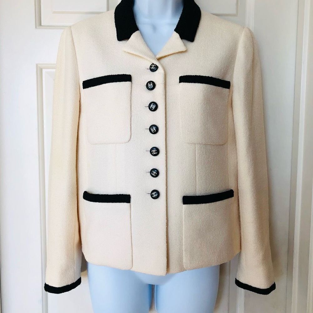 Chanel Iconic Cream and Black Boucle Button Up Blazer